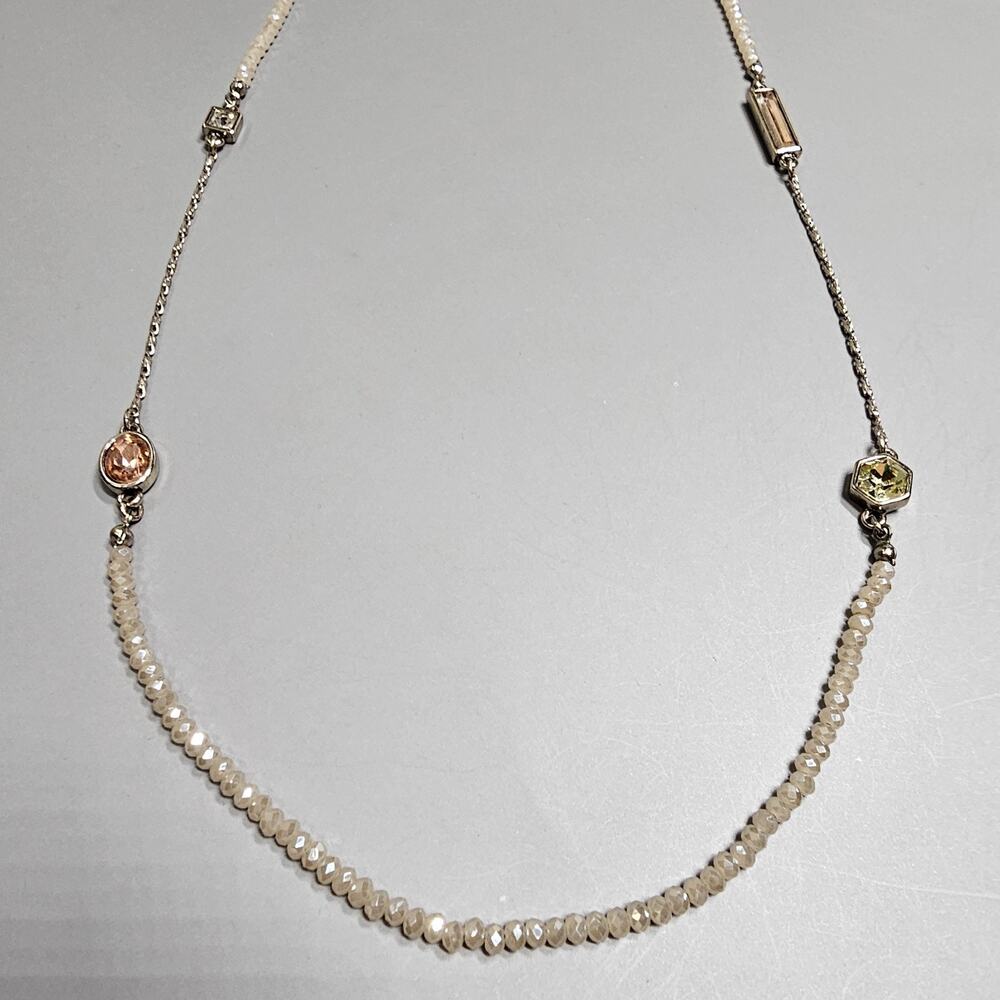 LOFT Rhinestone Crystal Station Necklace Pink & Clear Silvertone 35" Opera